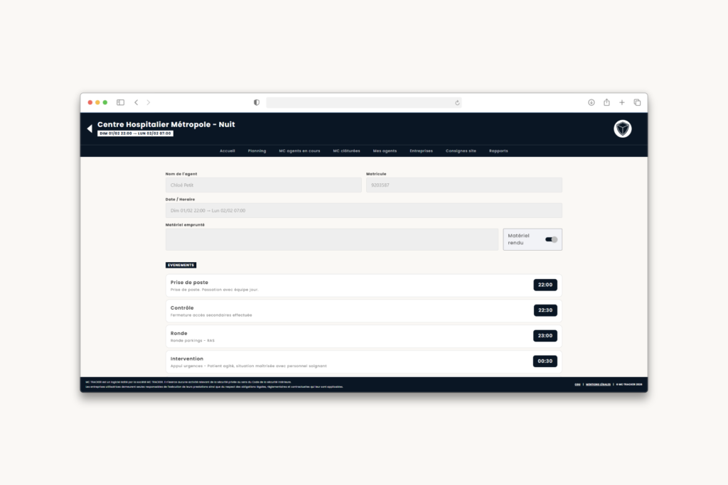 logiciel conformité CNAPS sécurité privée - main courante électronique - MC TRACKER