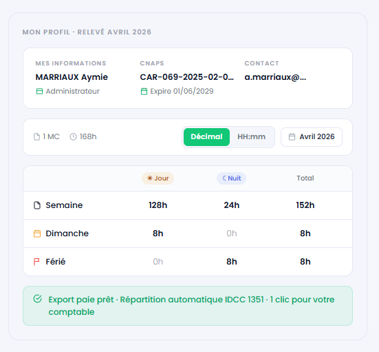 Export paie prêt agence de sécurité privée· Répartition automatique IDCC 1351 - MC TRACKER