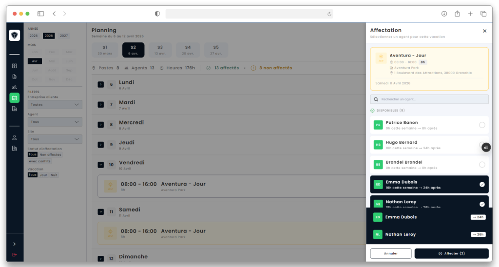 Planning pour agence de sécurité privée simple - MC TRACKER