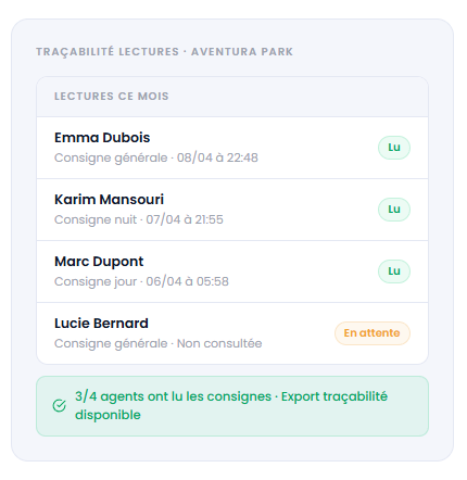 Preuve de prise en compte de consigne pour agent de sécurité privée - MC TRACKER