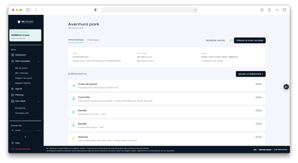 main courante numérique sécurité privée - MC TRACKER
